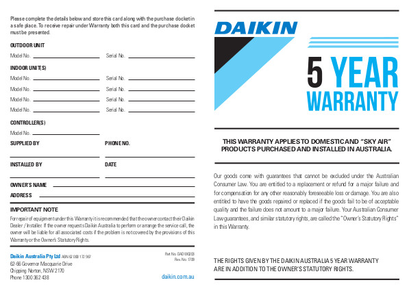 DAIKIN WARRANTY CARD