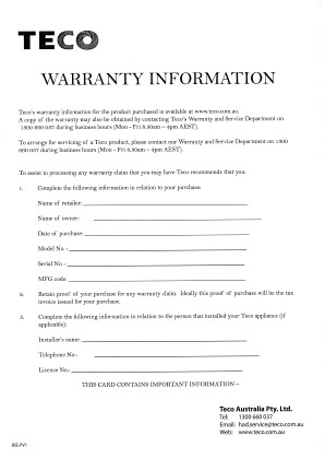 TECO WARRANTY CARD