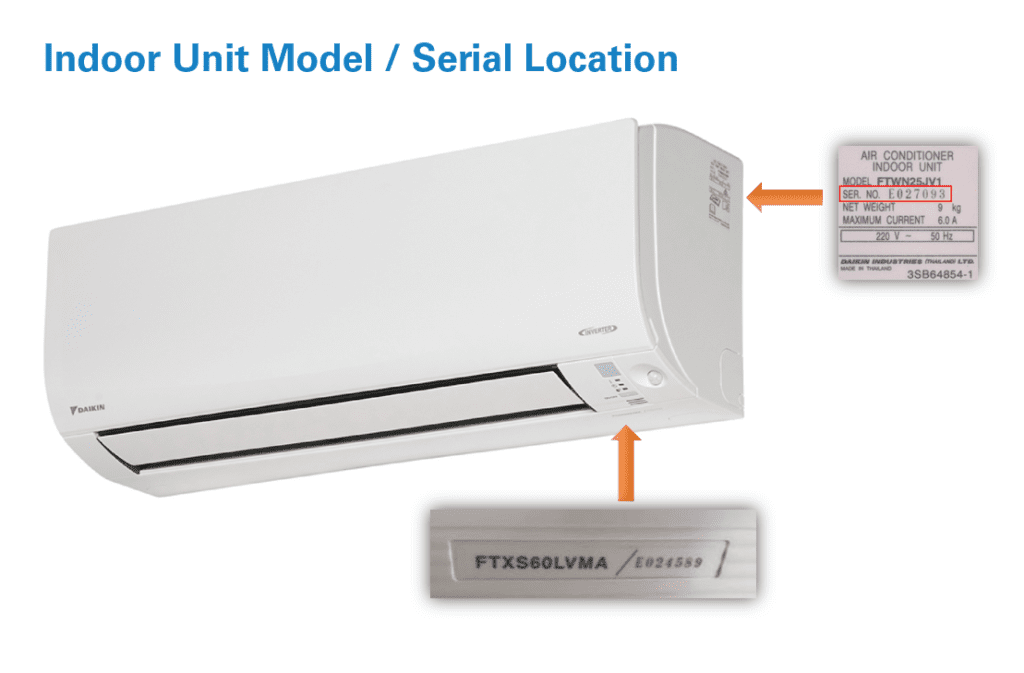 Daikin air conditioner indoor unit model number location